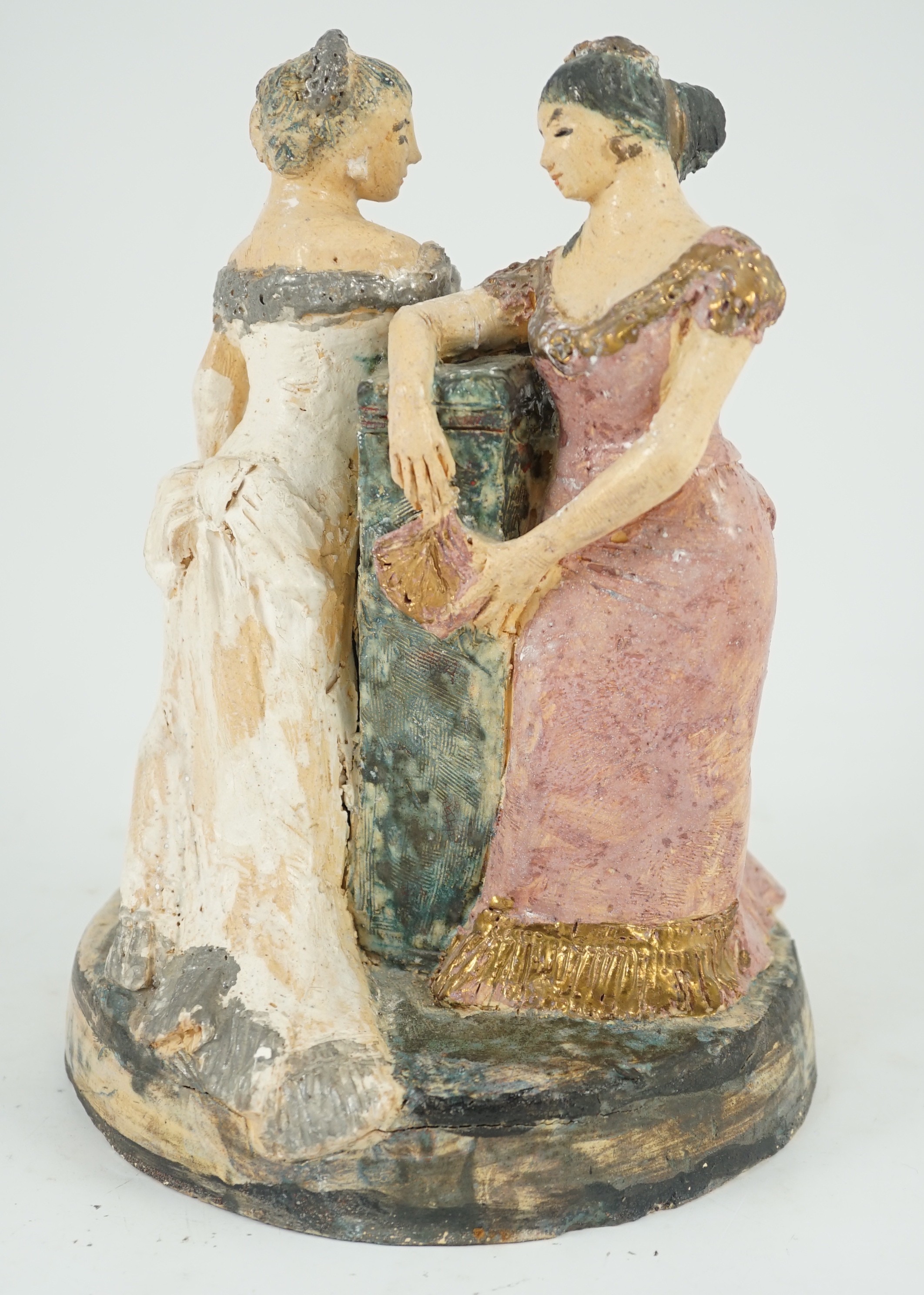 Quentin Bell (1910-1996). A studio pottery group of two women in ballgowns, 25.5cm high